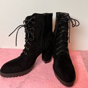 Black Lace-Up Ankle Boots, Faux  Suede Lace Up Block High Heel Boots Size 10